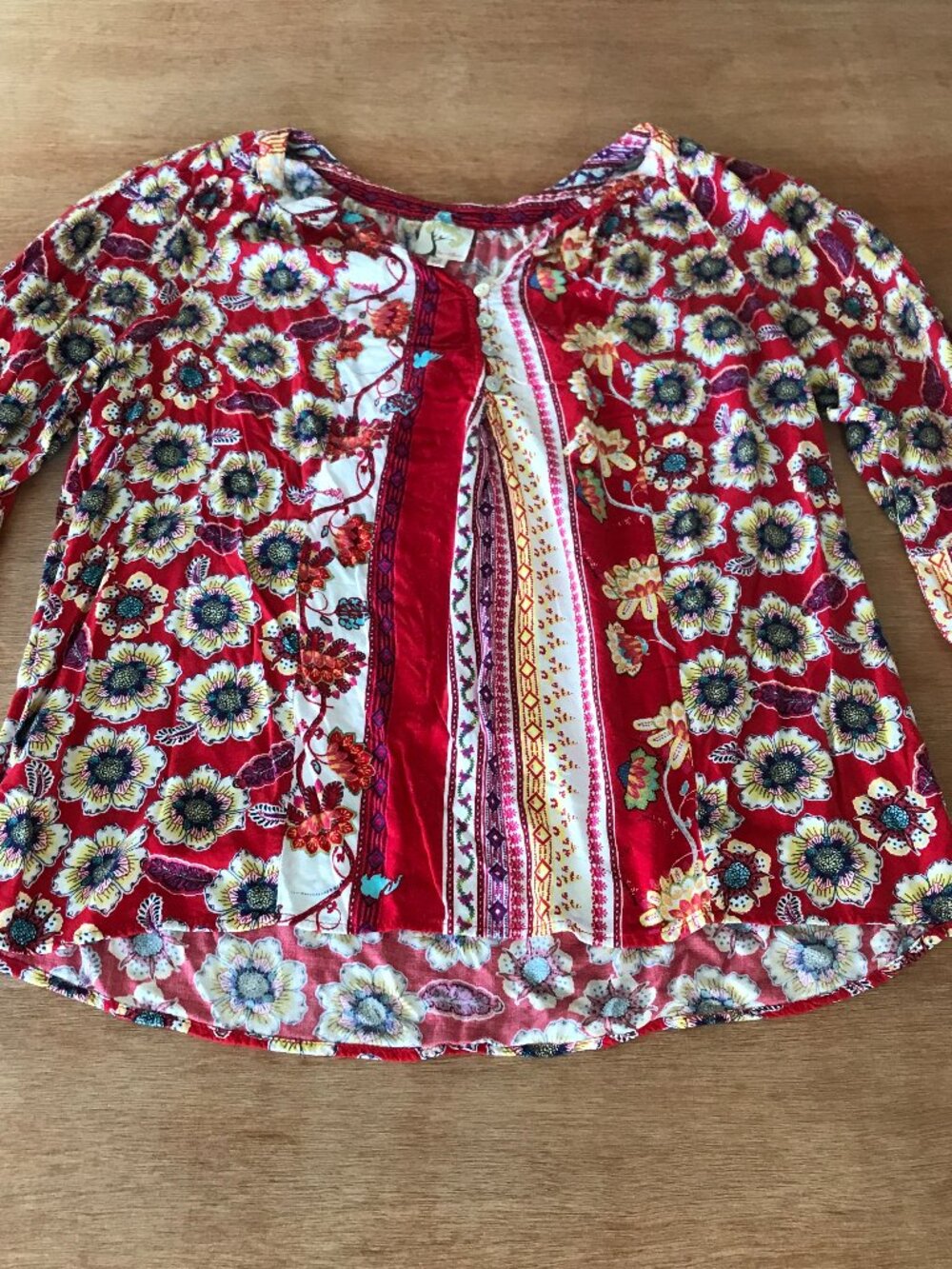 Fig & Flower Tunic Top Women XL Red Floral Half Sleeve 1/4 Button Up Peasant
